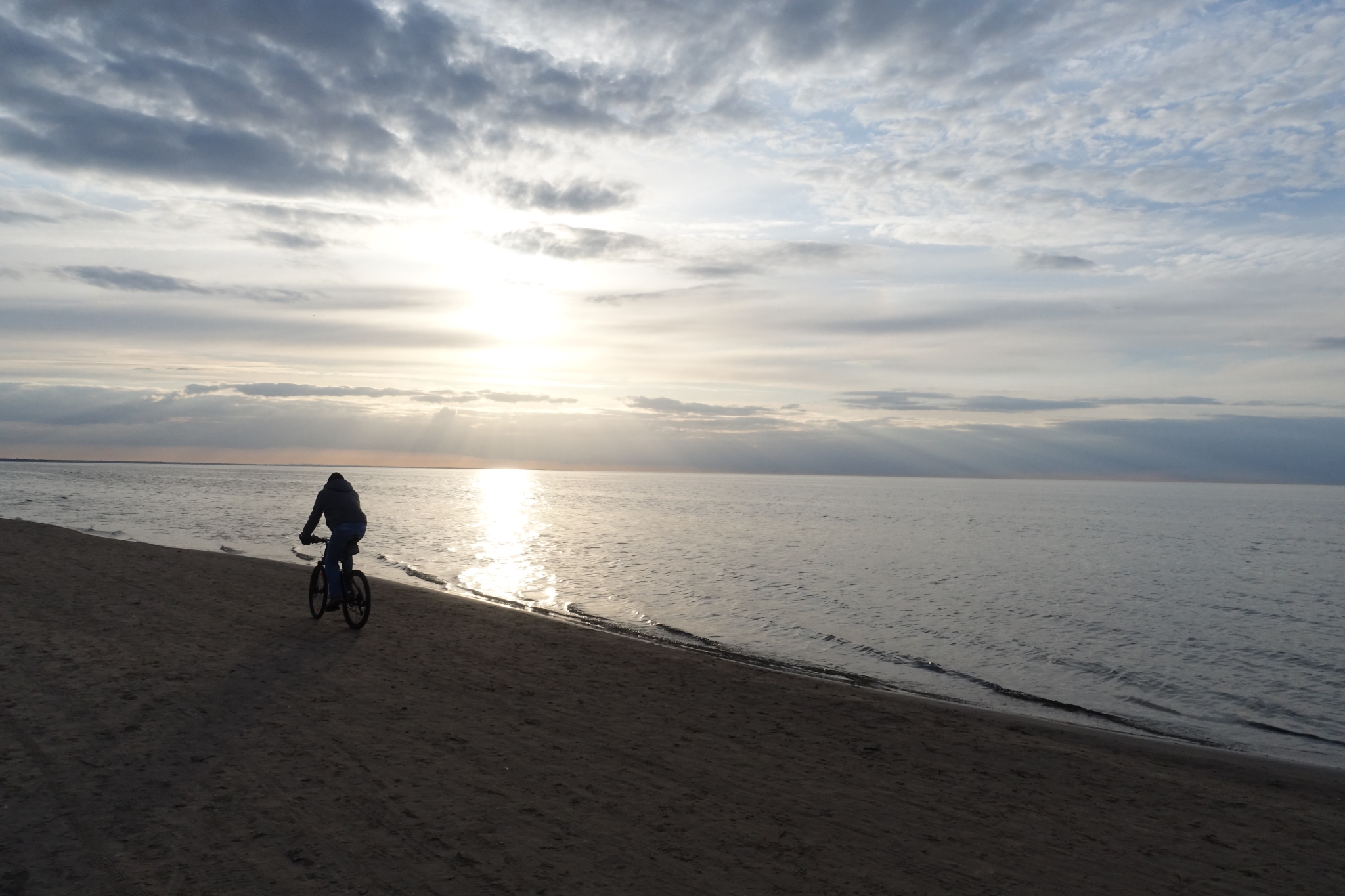 sunset, cyclist, beach, sea